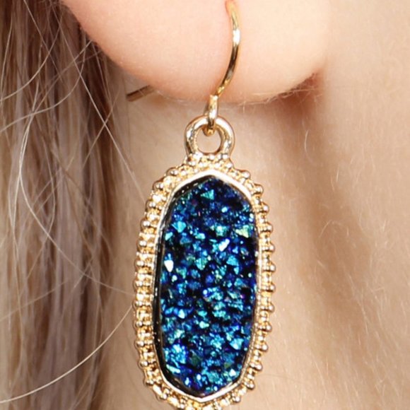 Oval Blue/gold druzy earring - Picture 2 of 2